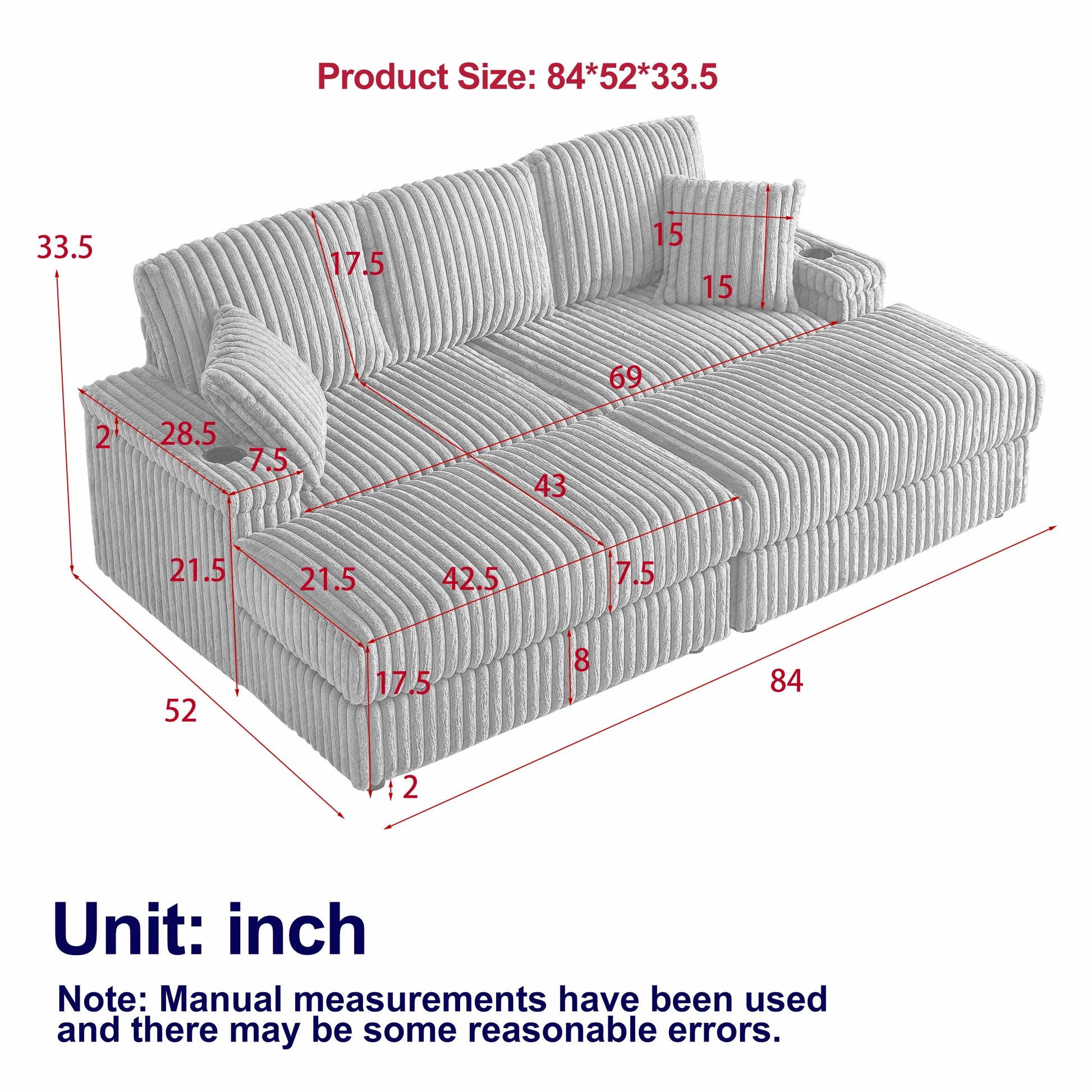 84Inch Corduroy 3-seater sofa With 3 back pillows ,2 toss pillows , 2 ottoman ,2storage spaces and cup-holding grooves Comfy Sofa- Deep Seat Couch for Living Room W834S0035763888747551491122