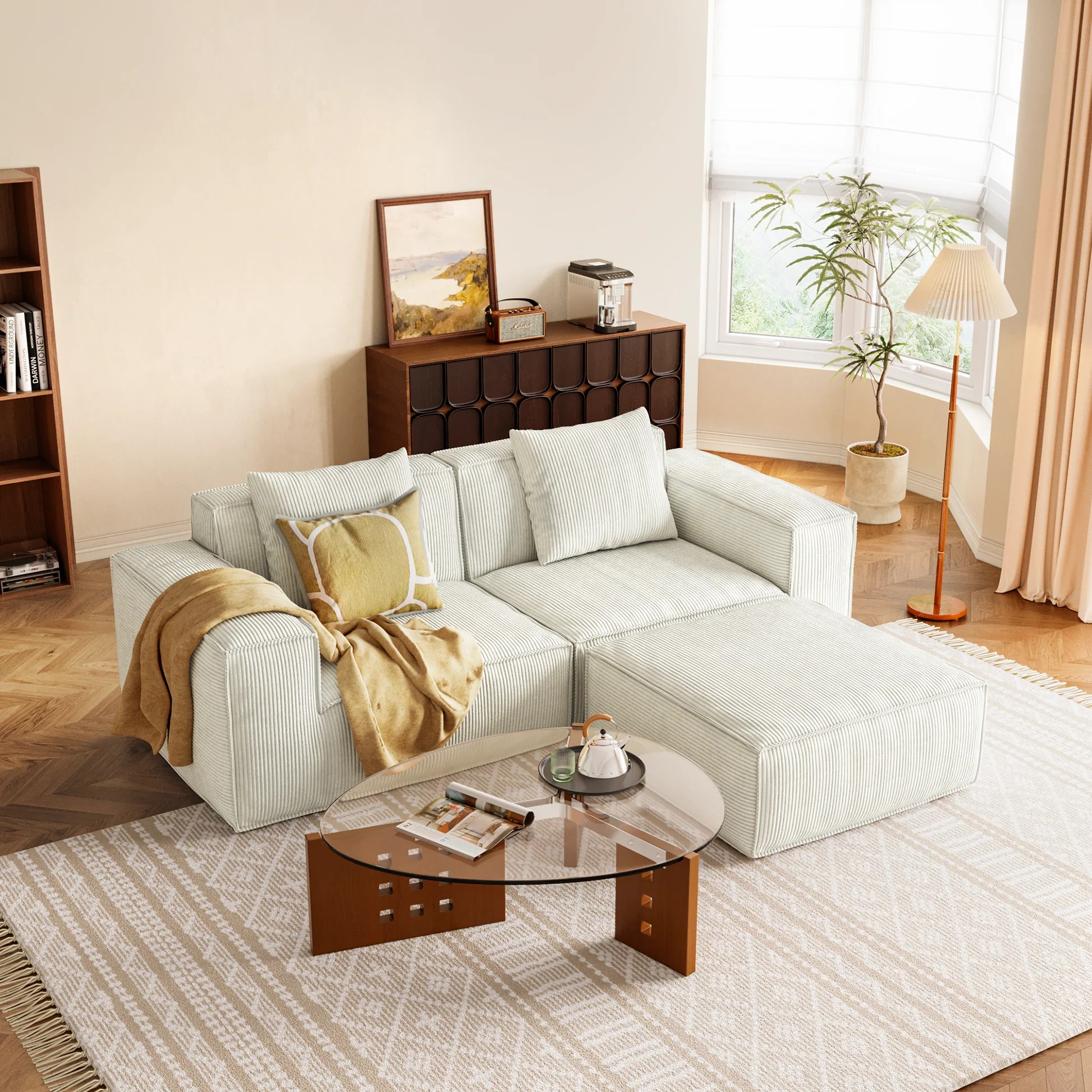 sofá modular se puede convertir en una cama de sofá extragrande Juego de sofá con conversión libre, configuración flexible, tela suave de terciopelo acordonado tipo nube, combinación para dos personas con reposapiés - blanco W3147S0000763909219709314121