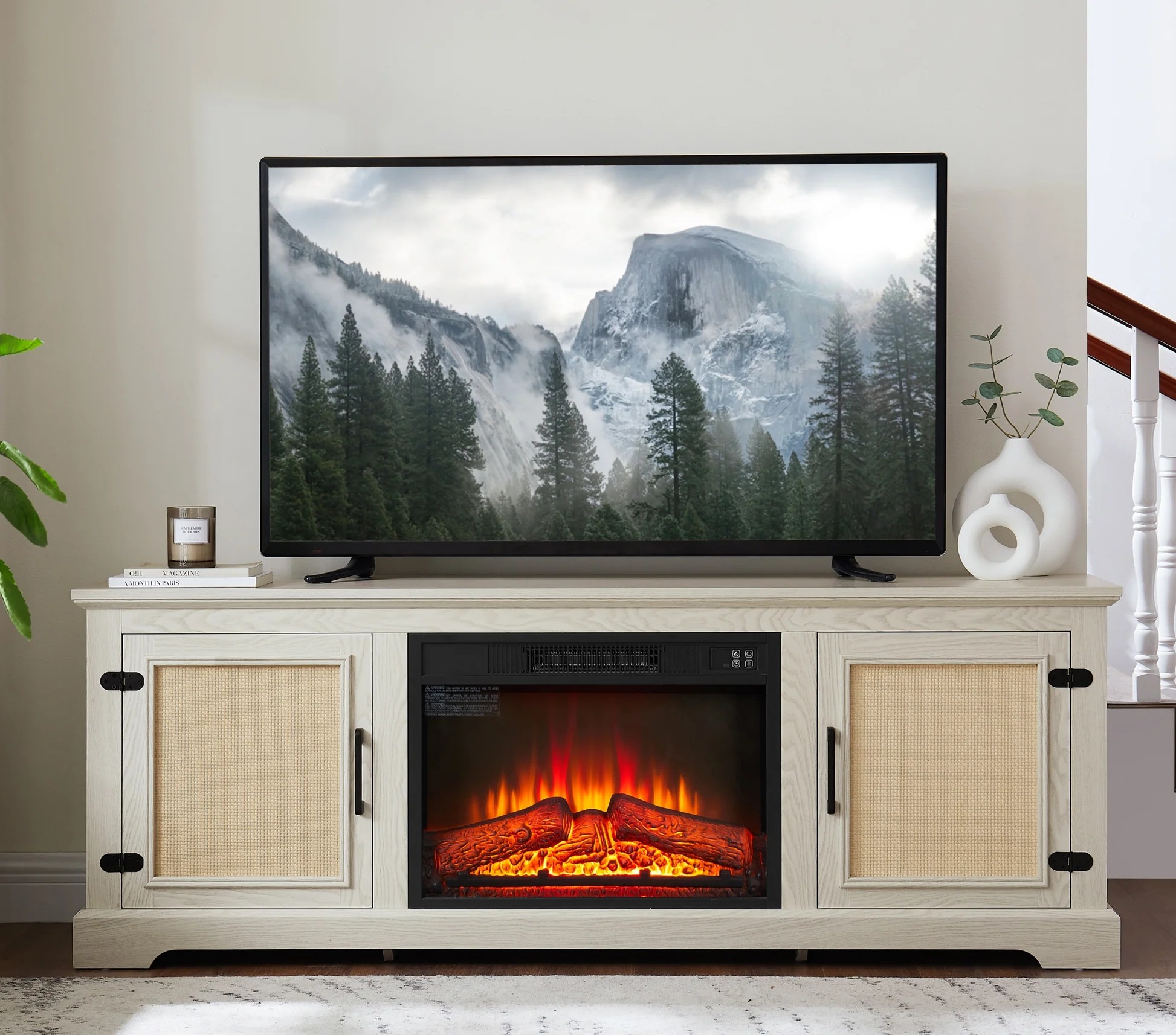 Natural Rattan Door Cabinet with Adjustable Shelf Wood, Farmhouse Rattan TV Stand Console Table for TVs up to 70 Inches, Storage tv stand with 23' fireplace insert, 65'W*15.55'D*23.86'H, White W1758S063956834221699120