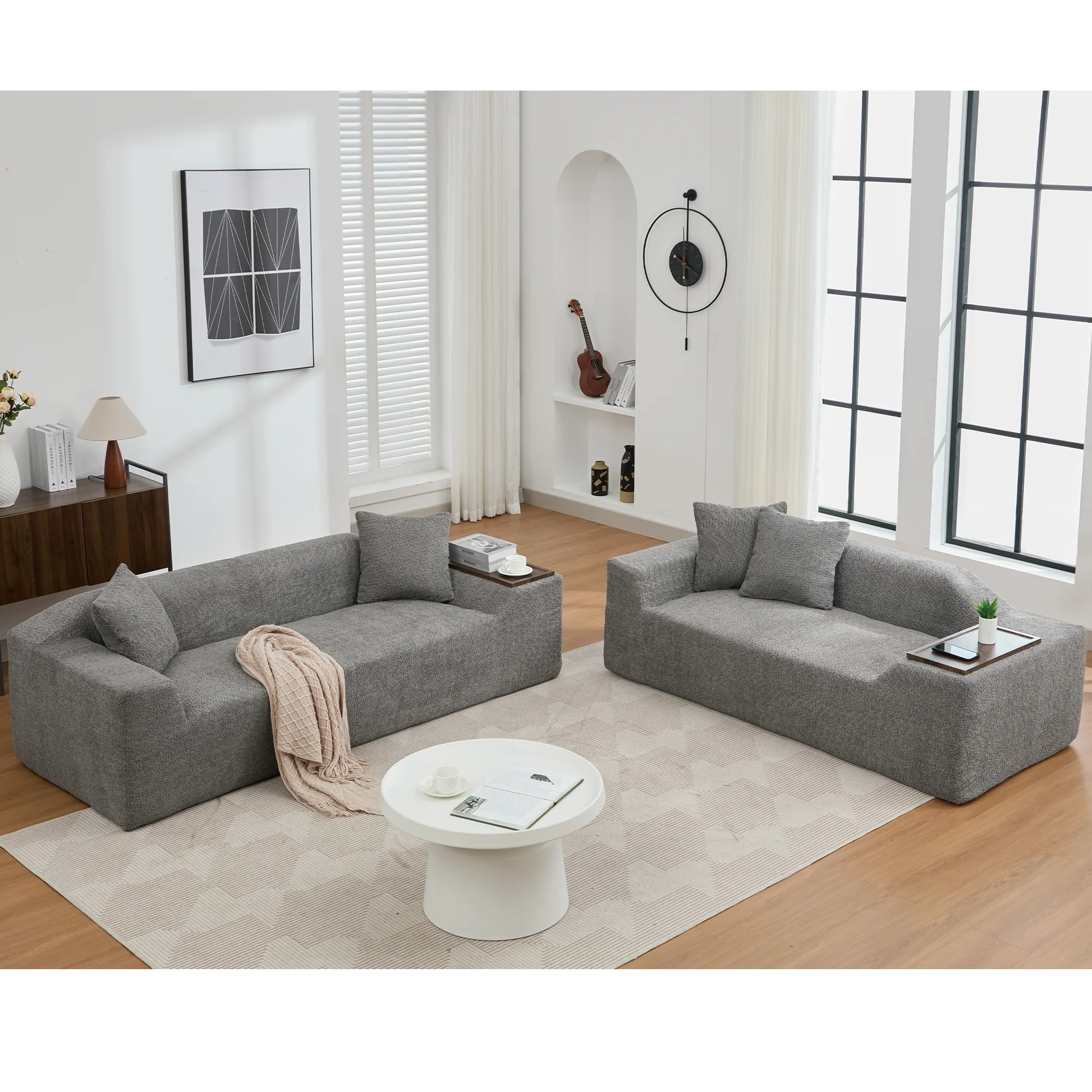 [NEW ARRIVED] [VIDEO PROVIDED]2 Piece Boucle Cloud Sofa Set, Upholstered Sofa Set, Modern 3 Seater and 2 Seater Sofa with MDF End Table for Living Room ,Apartment,3+2 couch,Boucle,Dark Gray W2108S000763902061996674120